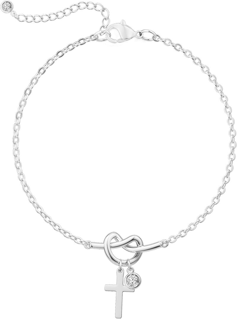 Moodear Valentines Day Gifts for Her, Dainty 925 Sterling Silver/14k Gold Plated CZ Cross Bracelet Layered Snake Pearl Chain Knot Bracelets for Women Trendy Religious Christian Jewelry - Image 1